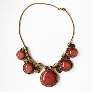 Boho brassy gold & red-brown stone collar necklace